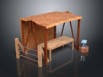 Vintage Wooden Street Stall Structure With Rustic Countertop Bench And Small Object On Stump 3d model