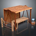 Vintage Wooden Street Stall Structure With Rustic Countertop Bench And Small Object On Stump