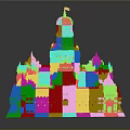 Cartoon Scene Featuring Classical Building with Green Domes White Structure Red Doors and Multiple Towers