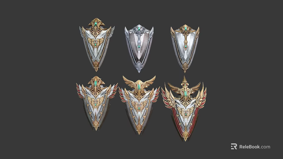 Elaborate Decorative Shields With Metallic Accents And Gemstone Details 3d model 