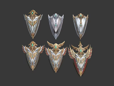 Elaborate Decorative Shields With Metallic Accents And Gemstone Details 3d model