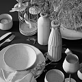 Elegant Tableware Set With Bowls Plates Glasses Cutlery And Decorative Plants