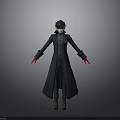 Man In Dark Long Coat With Red Gloves And Black Hair Standing Pose