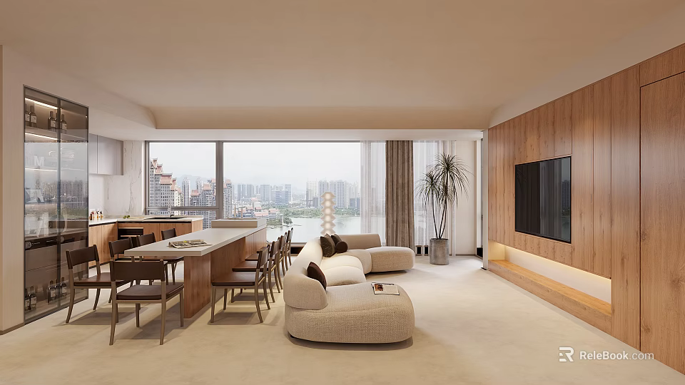 Modern Living and Dining Room Interior With Large Windows City View Beige Sofa And Wooden Elements 3d model 