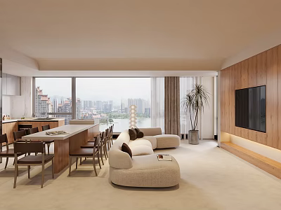 Modern Living and Dining Room Interior With Large Windows City View Beige Sofa And Wooden Elements 3d model