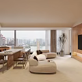 Modern Living and Dining Room Interior With Large Windows City View Beige Sofa And Wooden Elements