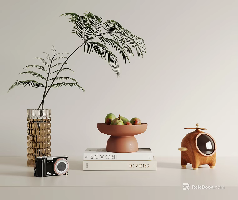 Decorative Ornament Set With Transparent Vase Fern Plant Brown Bowl Fruits Vintage Camera And Books 3d model 