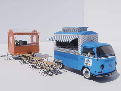 Blue Food Truck With Striped Awning Checkered Pattern And Orange Truck With Tables Chairs 3d model
