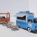 Blue Food Truck With Striped Awning Checkered Pattern And Orange Truck With Tables Chairs