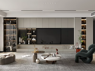 Elegant Modern TV Wall Unit Interior With Storage Cabinets Glass Doors Green Plants And Decor 3d model