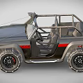 Modified Off Road Vehicle With Open Top Large Tires Red Stripes And Front Grille