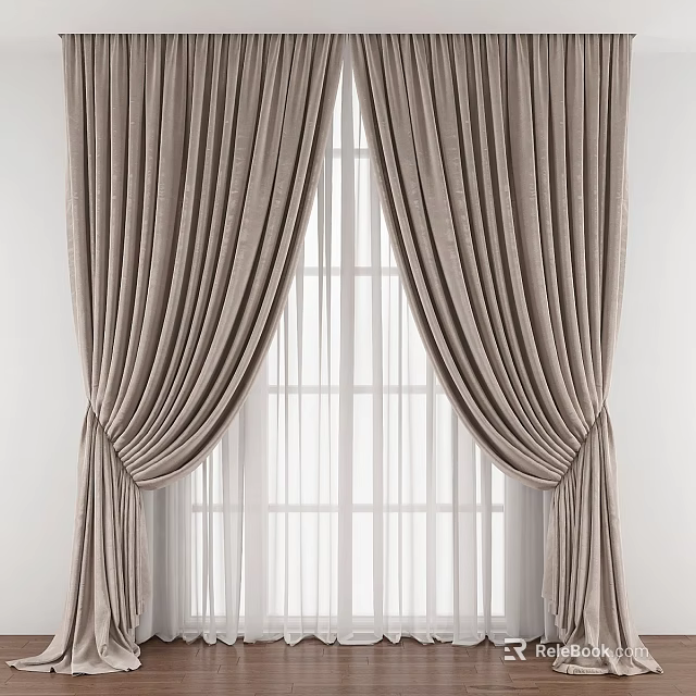 Elegant Beige Curtains With Double Layer Sheer Inner And Pleated Tied Sides For Window Decoration 3d model 