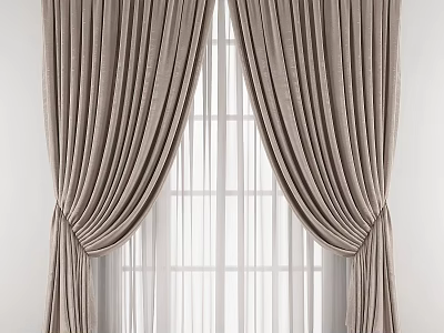 Elegant Beige Curtains With Double Layer Sheer Inner And Pleated Tied Sides For Window Decoration 3d model