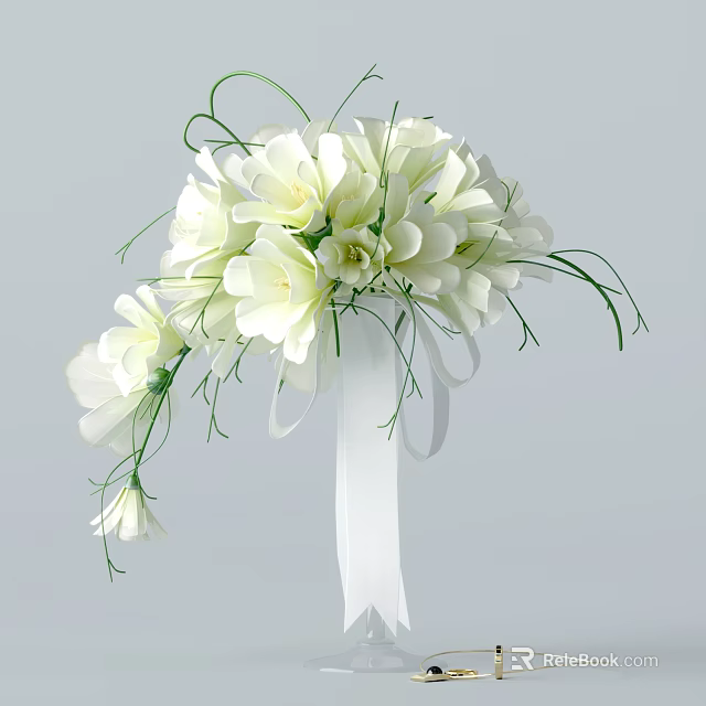 Elegant Vase with White Flowers Green Stems and White Ribbon Floral Arrangement 3d model 