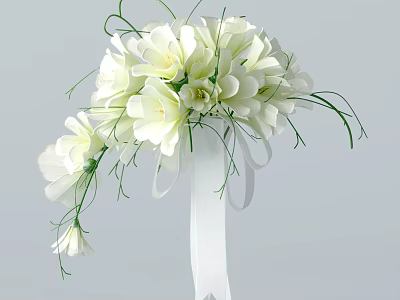 Elegant Vase with White Flowers Green Stems and White Ribbon Floral Arrangement 3d model