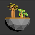 Cartoon Style Island Scene Featuring Yellow Big Trees Green Shrubs And Polygonal Base