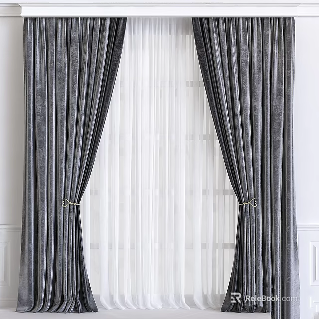 Elegant Dark Gray Velvet Curtains With White Sheer Panels And Tiebacks For Home Window 3d model 
