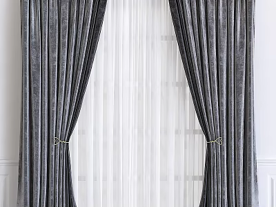 Elegant Dark Gray Velvet Curtains With White Sheer Panels And Tiebacks For Home Window 3d model