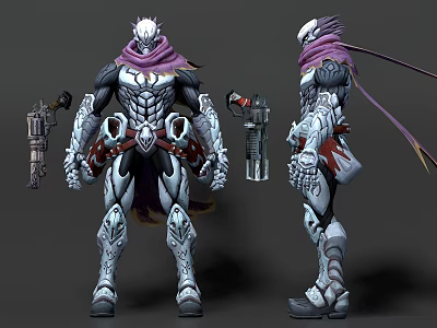 Game Movie Character 3D Model With Silver White Armor Purple Scarf And Weapon 3d model