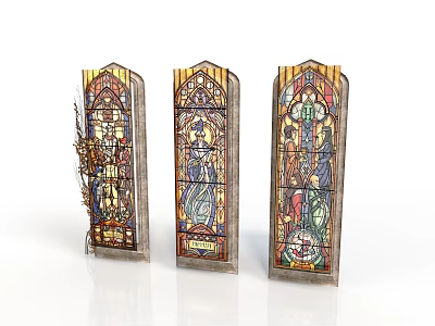 Intricately Carved Stained Glass Windows With Religious Artwork And Detailed Patterns 3d model