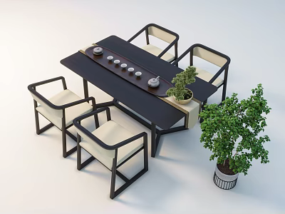 Modern Tea Table And Chairs Set With Tea Set And Potted Plant Decor 3d model