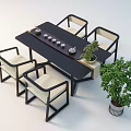 Modern Tea Table And Chairs Set With Tea Set And Potted Plant Decor