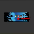 Blue And Silver Household Appliance With Flame Pattern Super Power Label And Red Bottom Part