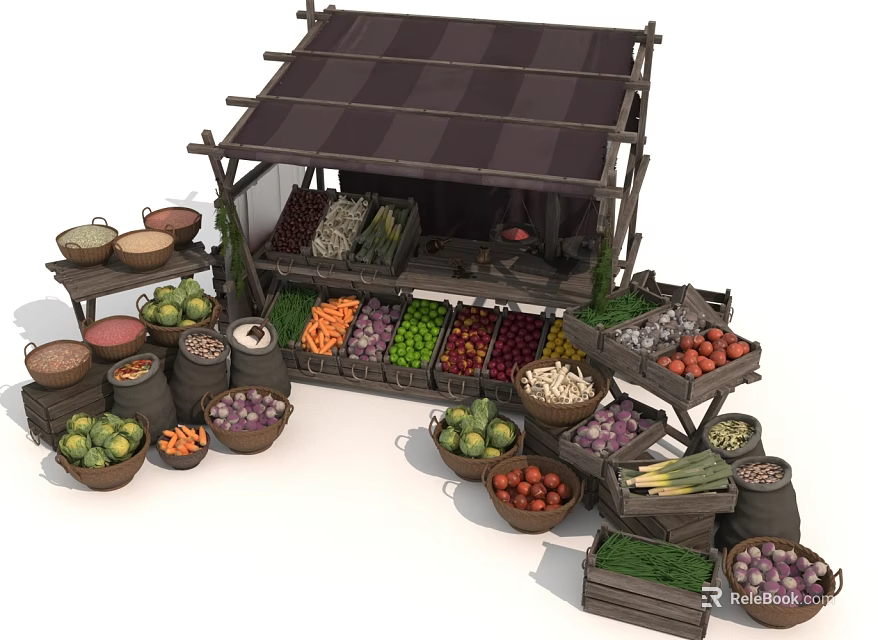 Cartoon Fruit Vegetable Market Stall With Assorted Colorful Produce Baskets And Wooden Crates 3d model 