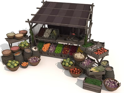 Cartoon Fruit Vegetable Market Stall With Assorted Colorful Produce Baskets And Wooden Crates 3d model