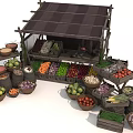 Cartoon Fruit Vegetable Market Stall With Assorted Colorful Produce Baskets And Wooden Crates