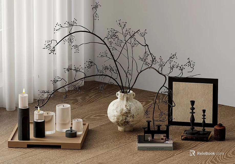 Minimalist Coffee Table Decor With Tray Candles Vase Branches And Picture Frame 3d model 
