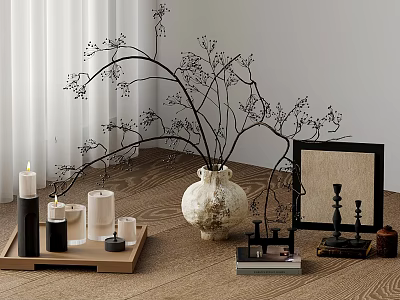 Minimalist Coffee Table Decor With Tray Candles Vase Branches And Picture Frame 3d model