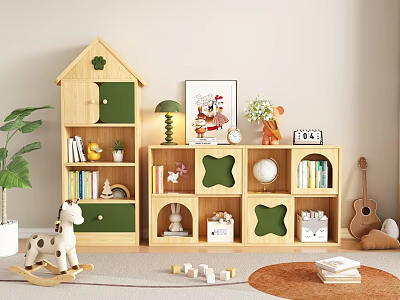 Wooden Decorative Cabinet In Children's Room With Toys Books And Green Doors 3d model
