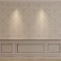Cream And Gold Patterned Background Wall With Paneled Design And Decorative Trim Illuminated By Lights