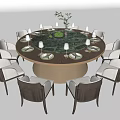 Round Dining Table Set with Marble Tabletop Light Gray Upholstered Chairs Green Plant And Tableware 3d model