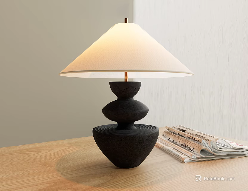 Modern Black Base Table Lamp With White Lampshade And Magazines On Wooden Table 3d model 