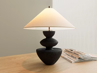 Modern Black Base Table Lamp With White Lampshade And Magazines On Wooden Table 3d model