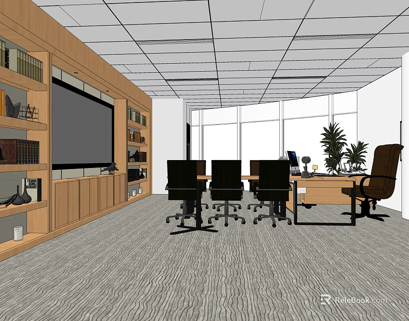 Modern Office Interior With Wooden Bookshelves Large Screen TV Desk Chairs And Potted Plants 3d model 