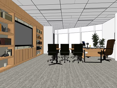 Modern Office Interior With Wooden Bookshelves Large Screen TV Desk Chairs And Potted Plants 3d model