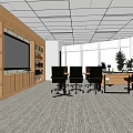Modern Office Interior With Wooden Bookshelves Large Screen TV Desk Chairs And Potted Plants