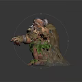Elderly Bearded Game and Movie Character With Wooden Staff Grass Skirt on Green Crystal Platform