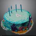 Ocean Themed Birthday Cake with Blue Frosting Four Candles Number 4 and Coral Starfish Decorations