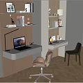 Modern Home Office Space With Wooden Shelves Desk Chair And Laptop Decorations