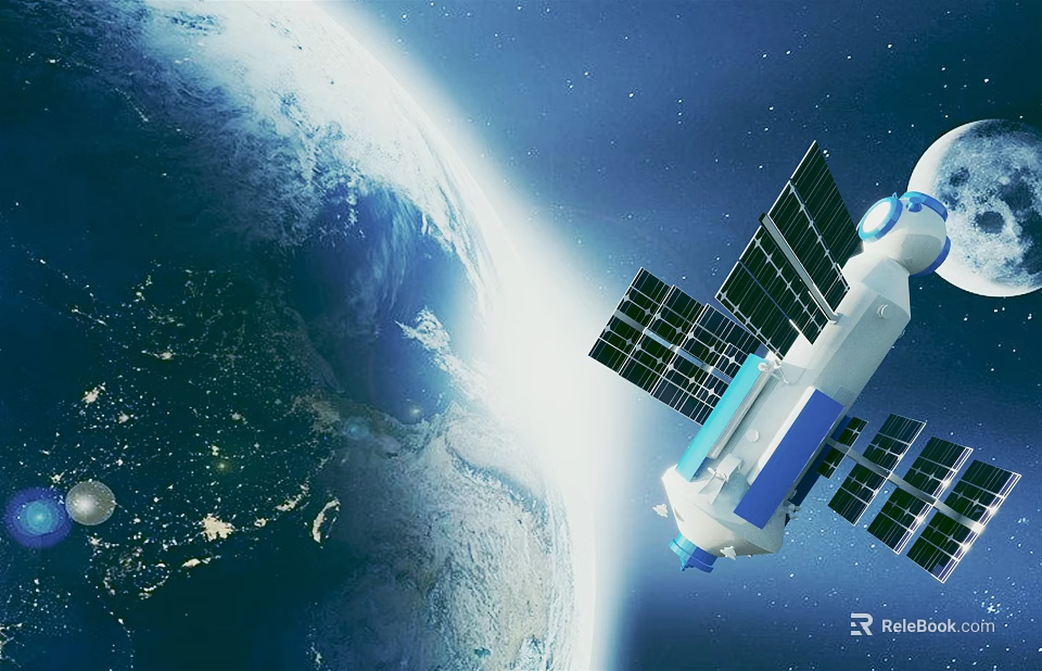 Cartoon Scene of Earth and Satellite Floating in Space with Stars 3d model 