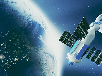 Cartoon Scene of Earth and Satellite Floating in Space with Stars 3d model