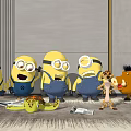 Minions With Various Expressions And Cartoon Animal Character On Rug With Banana In Interior Scene
