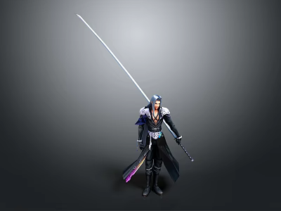Game And Movie Character With Long Hair Dark Robe Holding Long Sword Standing Pose 3d model
