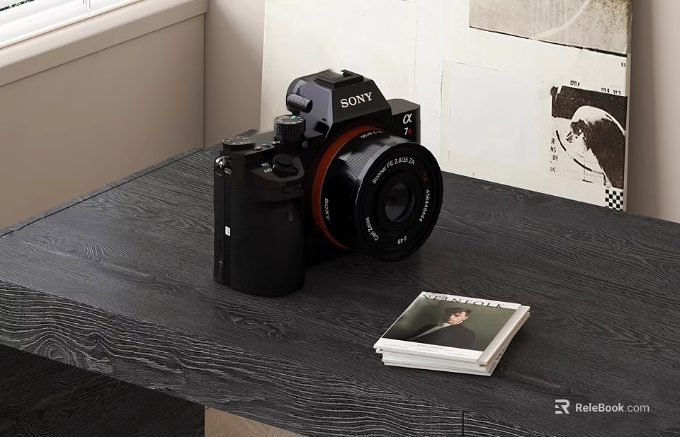 Sony Digital Camera As Daily Electrical Appliance On Black Wooden Table With Photo Album 3d model 
