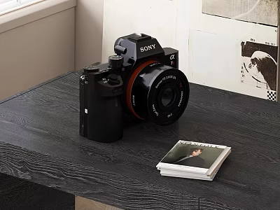 Sony Digital Camera As Daily Electrical Appliance On Black Wooden Table With Photo Album 3d model