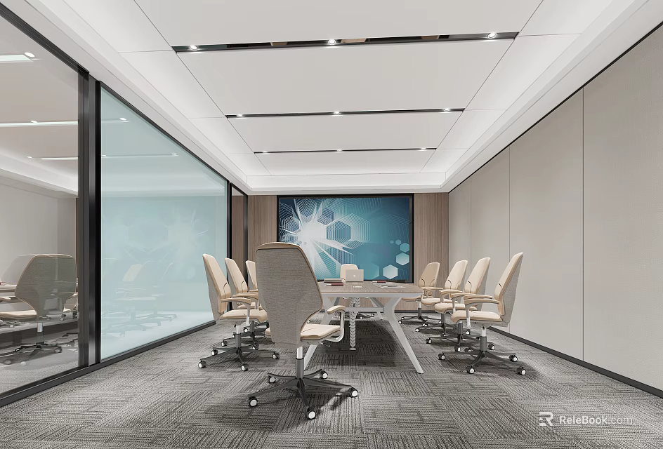 Modern Meeting Room Interior With Glass Partitions Large Screen Conference Table Chairs And Gray Carpet 3d model 